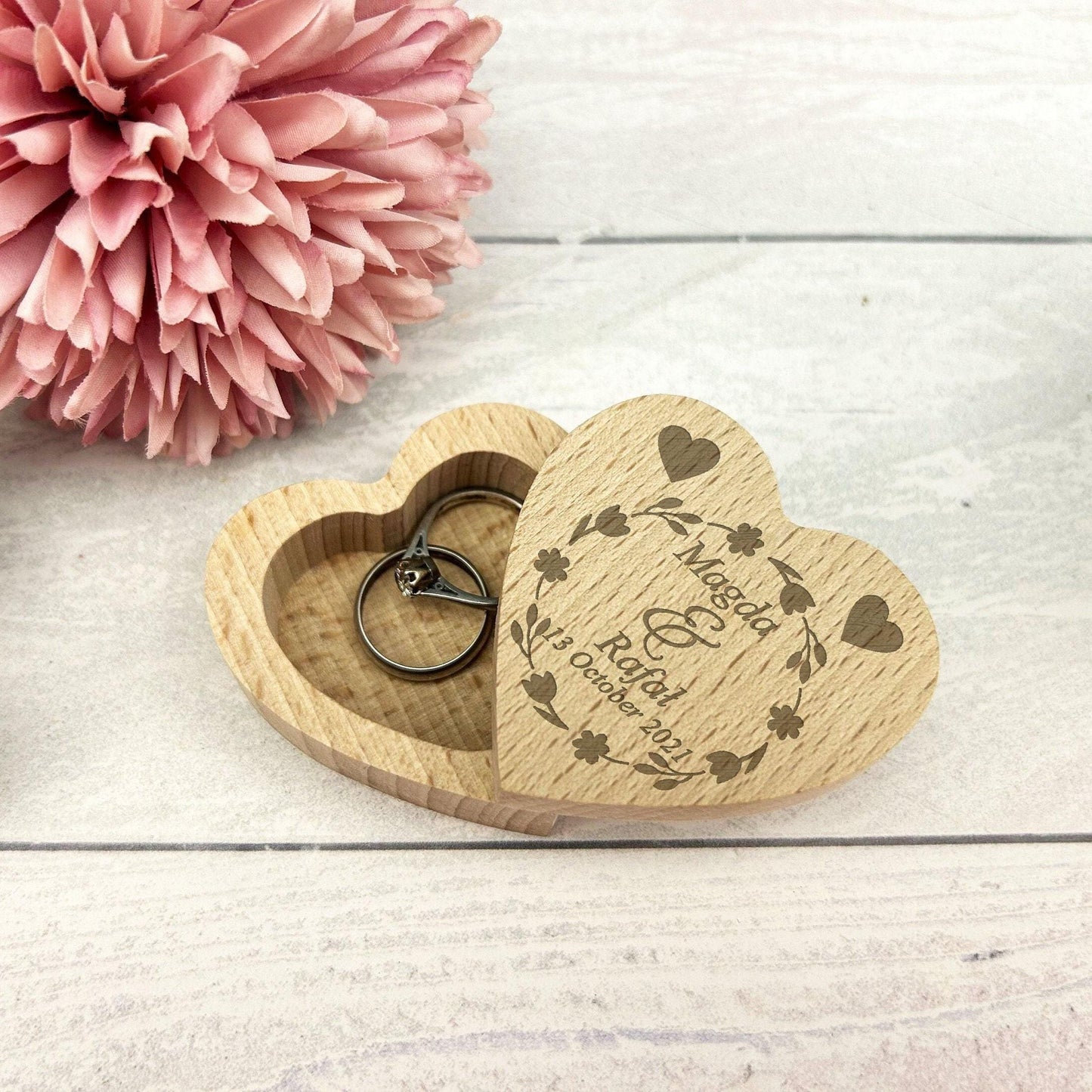 Floral Wreath Wedding Ring Carrier Heart Box Personalised Engagement Gift