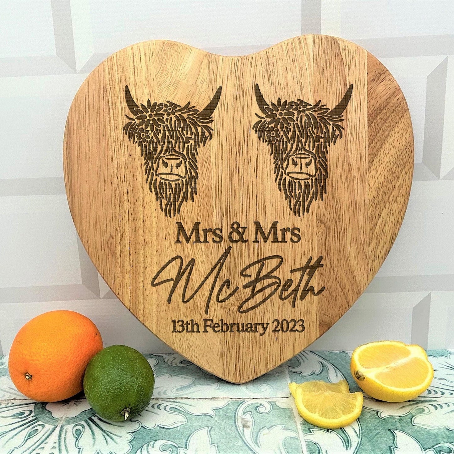 Highland Cows Mrs & Mrs - Lesbian LGBT - Personalised Engraved Couple Chopping Board - Wedding Gift