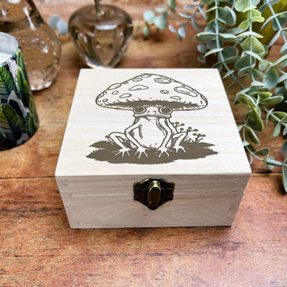 Frog Mushroom Illustration Cottage Core Engraved Wooden Box Christmas Gift Birthday Present Secret Santa