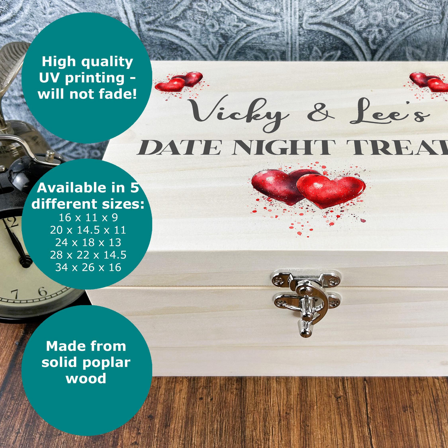 a wooden box with a date night treat on it
