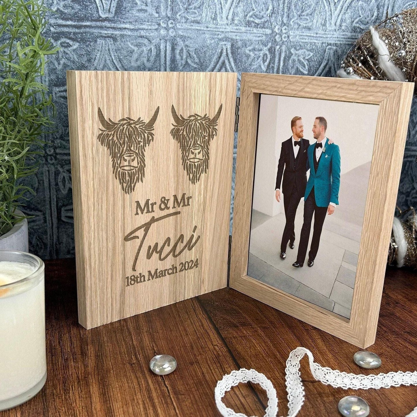 Mr & Mr Highland Cow Design Personalised Oak Photo Frame - LGBTQ Wedding Gift