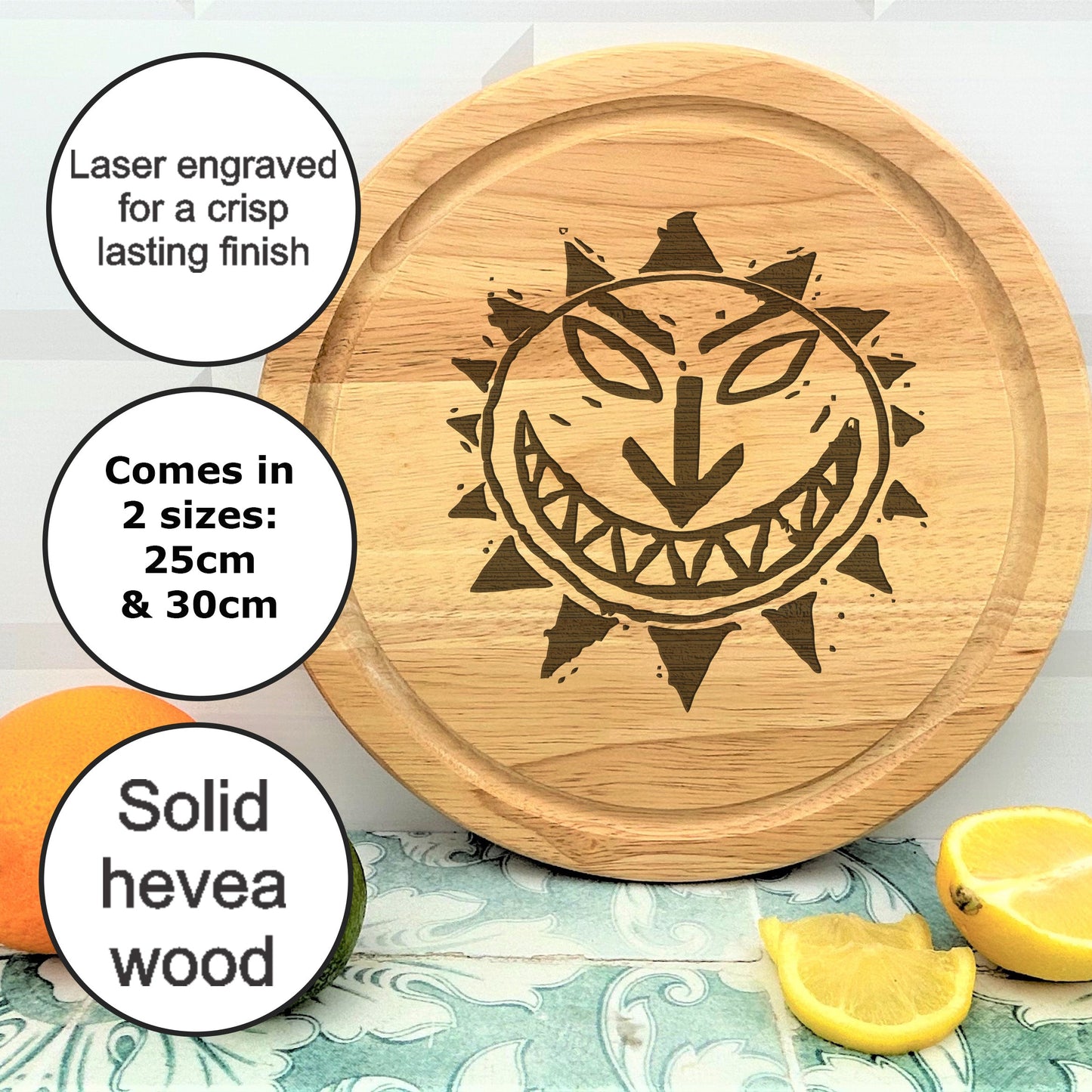 a wooden cutting board with a design on it