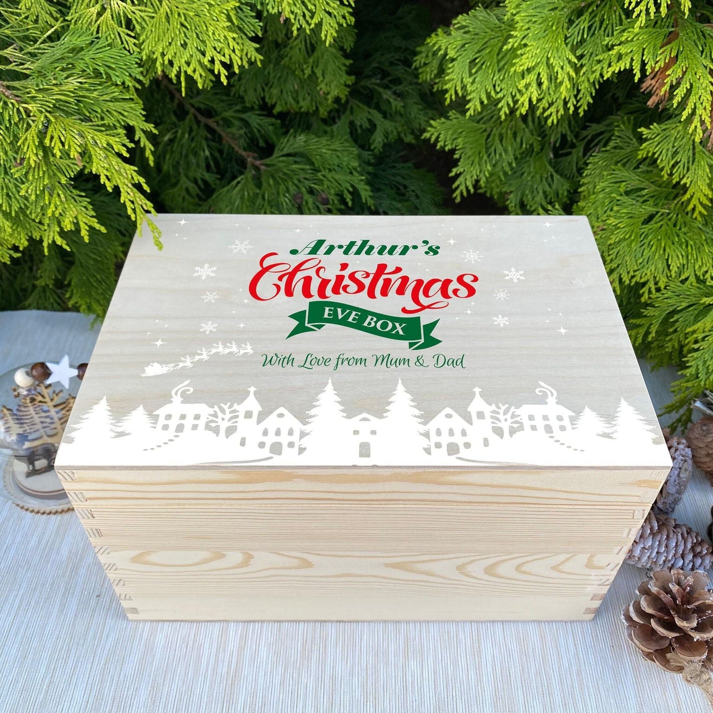 Snow Town Silhouette Christmas Eve Box Hamper Gift Personalised XMAS Treats