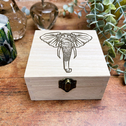 Elephant Illustration Engraved Wooden Trinket Jewellery Box Christmas Gift Birthday Present Secret Santa
