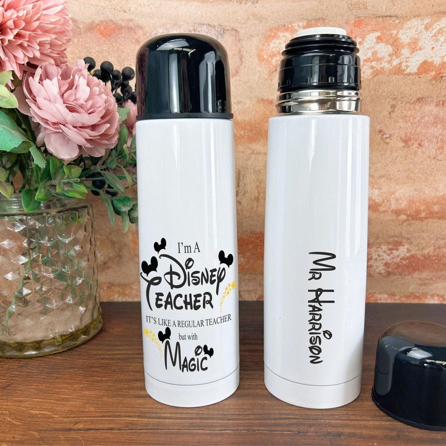 Disney Teacher With Magic, Vacuum  Flask, Personalised Message, End of School Thank You Gift - Primary - Junior - Leaving - TA - Assistant -