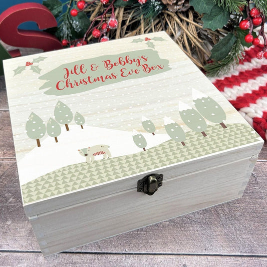 Scandinavian Winter Scene Wooden Personalised Christmas Eve Box
