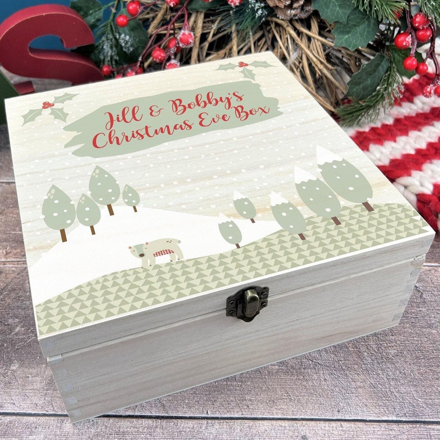Scandinavian Winter Scene Wooden Personalised Christmas Eve Box