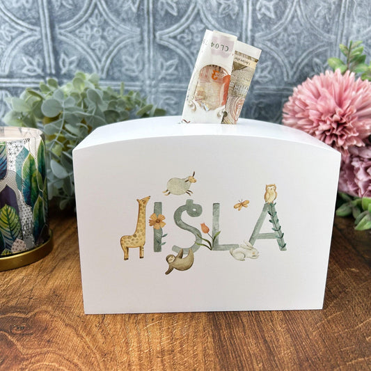 Watercolour Animal Theme Wooden Money Box - Personalised - Children's Saving - New Baby / Christening Gift