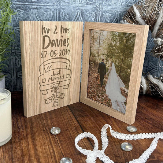 Just Married Car Design Personalised Oak Photo Frame - Wedding Gift