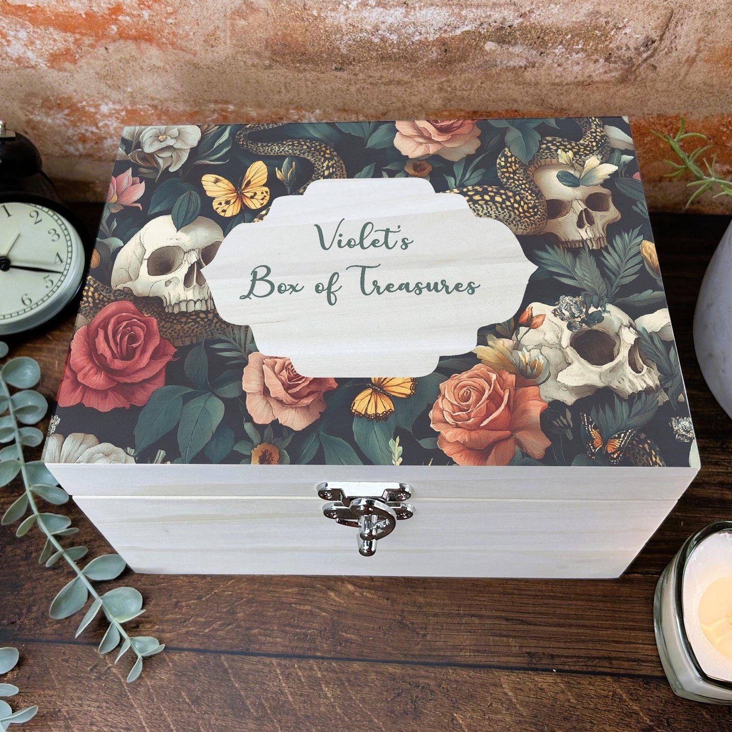 Gothic Skull & Roses Personalised Memory Box - Trinkets and Keepsakes - Birthday Christmas Gift - Unique Unusual Present