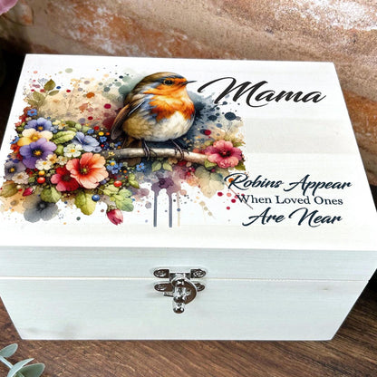 Robin Watercolour Illustration Personalised Wooden Memory Box - Bereavement Gift