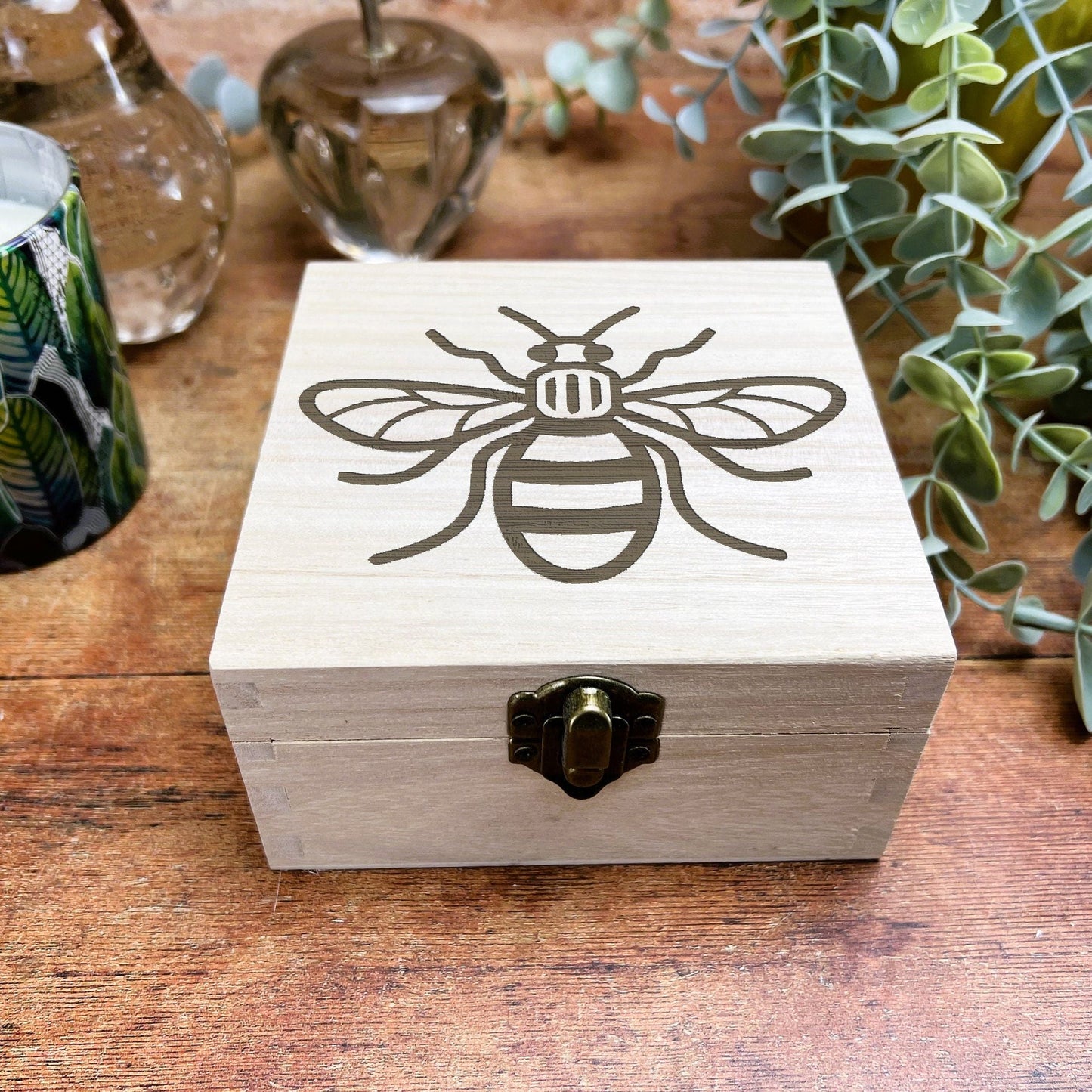 Manchester Bee Engraved Wooden Trinket Jewellery Box Christmas Gift Birthday Present