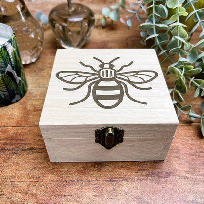 Manchester Bee Engraved Wooden Trinket Jewellery Box Christmas Gift Birthday Present
