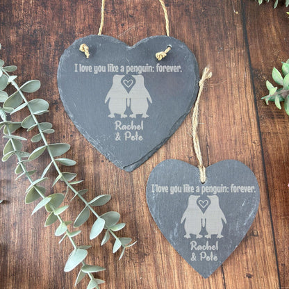 Love You Like A Penguin Slate Valentine's Heart - Personalised Gift - Anniversary - Engagement - Birthday