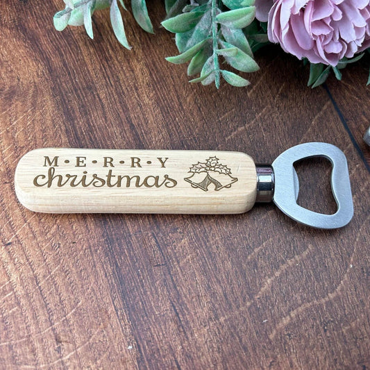 Merry Christmas Bottle Opener - Personalised XMAS Gift - Bells Holly - Stocking Filler - Secret Santa