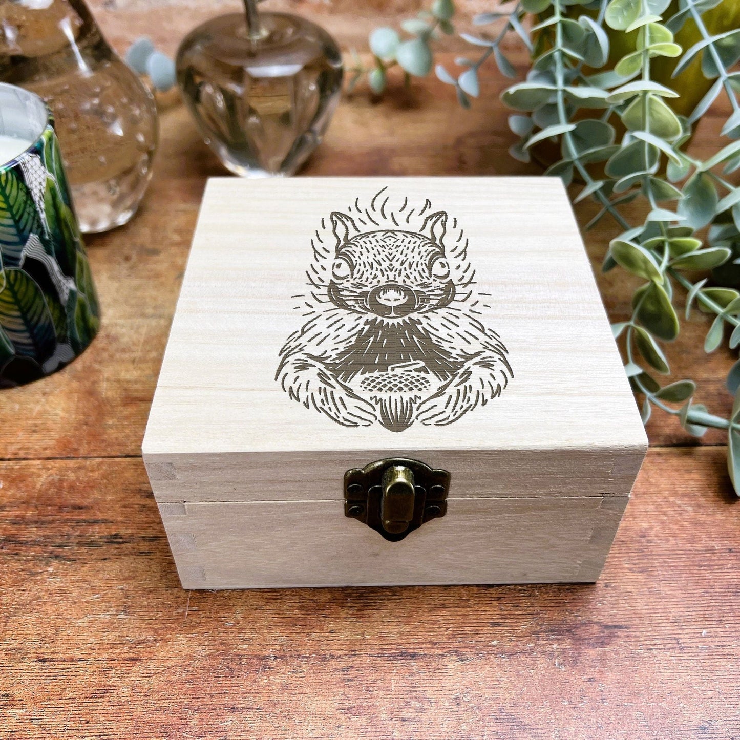 Squirrel Engraved Illustration Wooden Trinket Jewellery Box Christmas Gift Birthday Present Woodland Animal