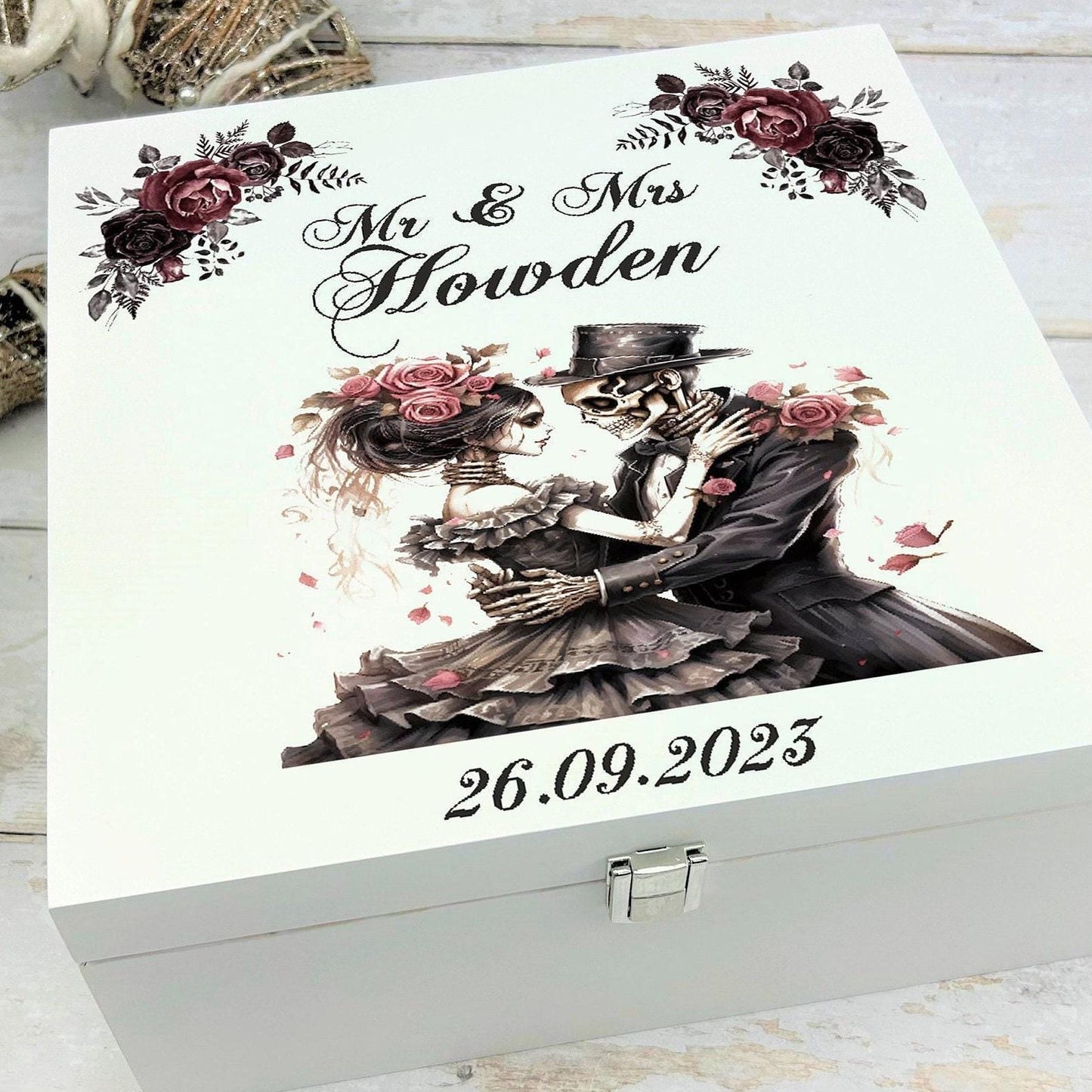 Personalised  Skull Couple White Memory / Keepsake Box - Wedding Anniversary Gift - Gothic Couple