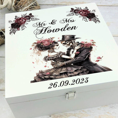 Personalised  Skull Couple White Memory / Keepsake Box - Wedding Anniversary Gift - Gothic Couple