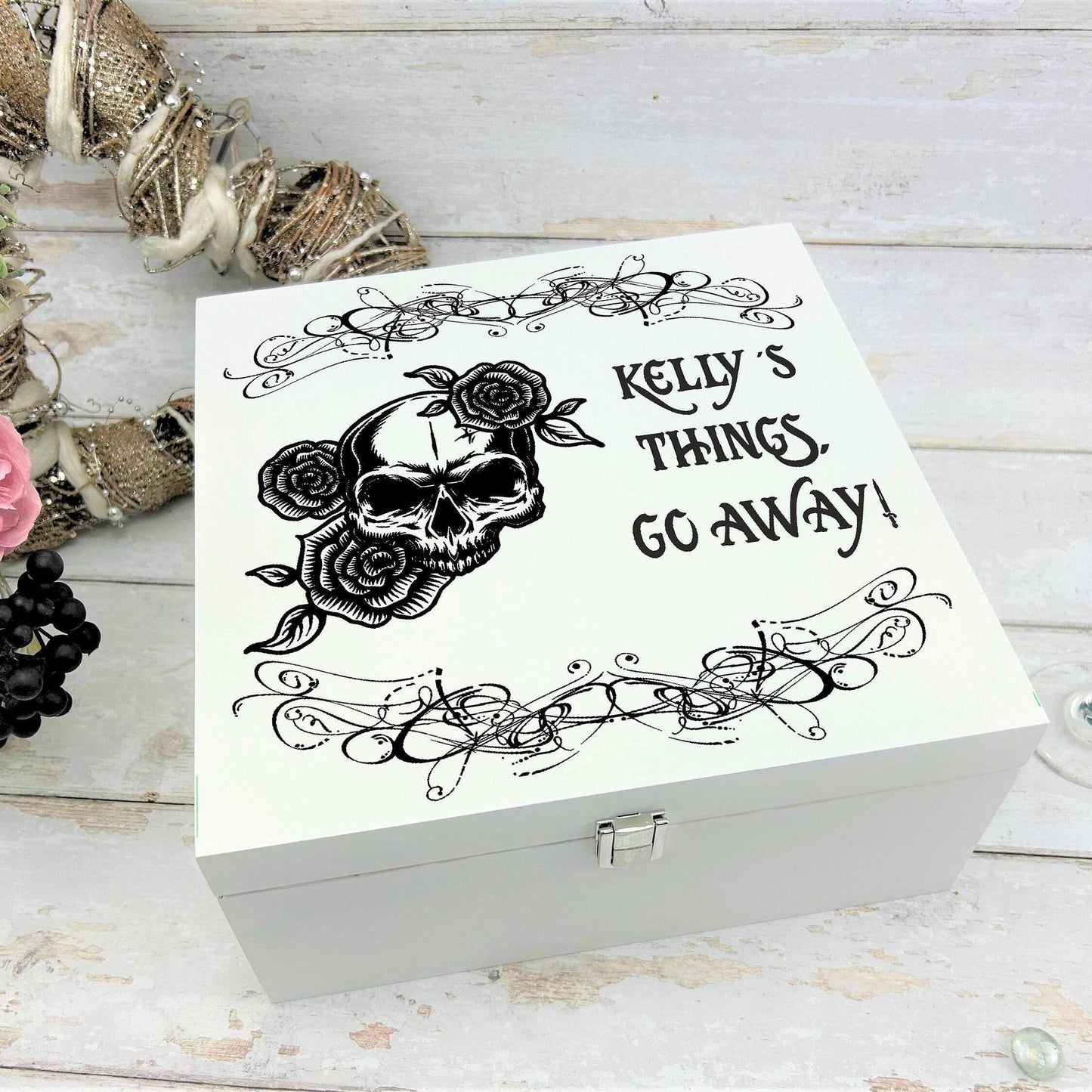 Personalised Skull & Roses Memory / Keepsake White Wooden Box