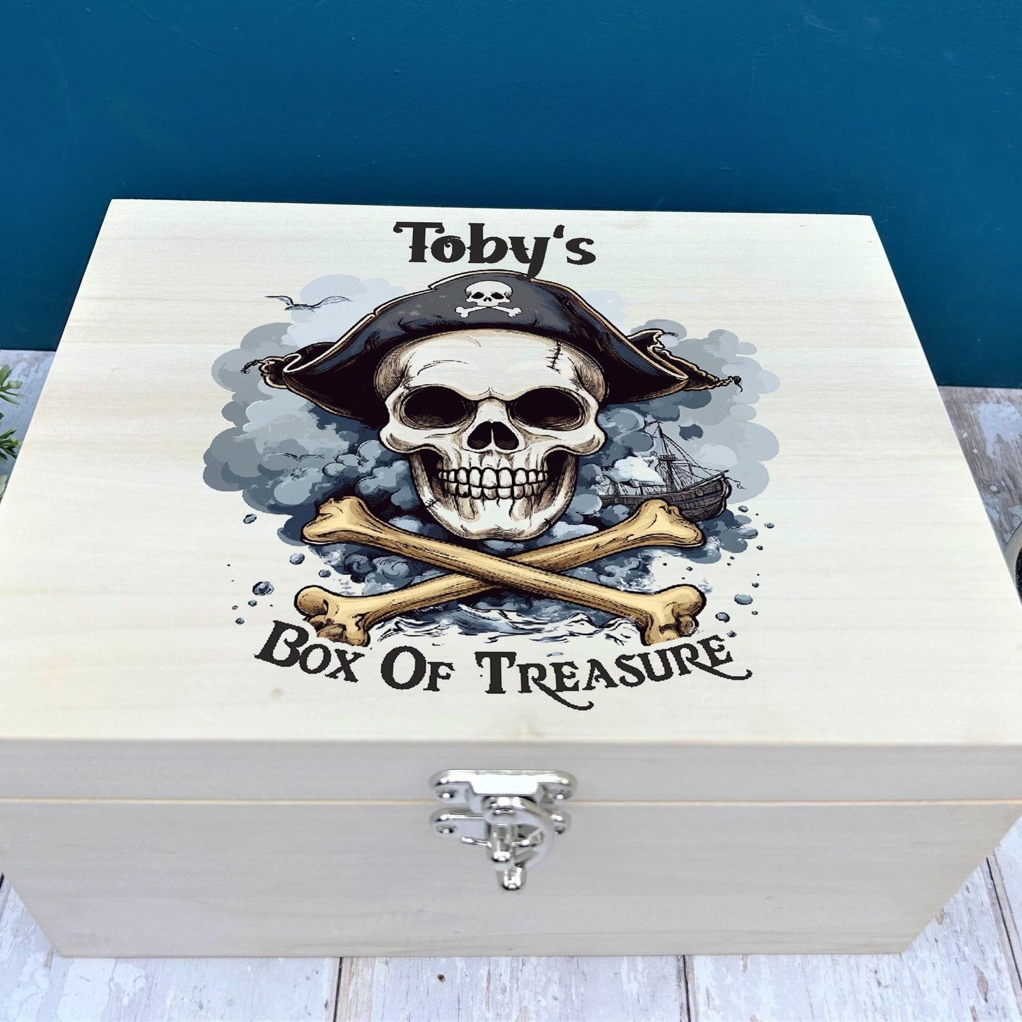 Pirate Treasure Chest Printed Skull & Crossbones Children's Personalised Wooden Box