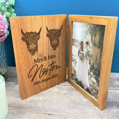 Mrs & Mrs Highland Cow Design Personalised Oak Photo Frame - LGBTQ Wedding Gift