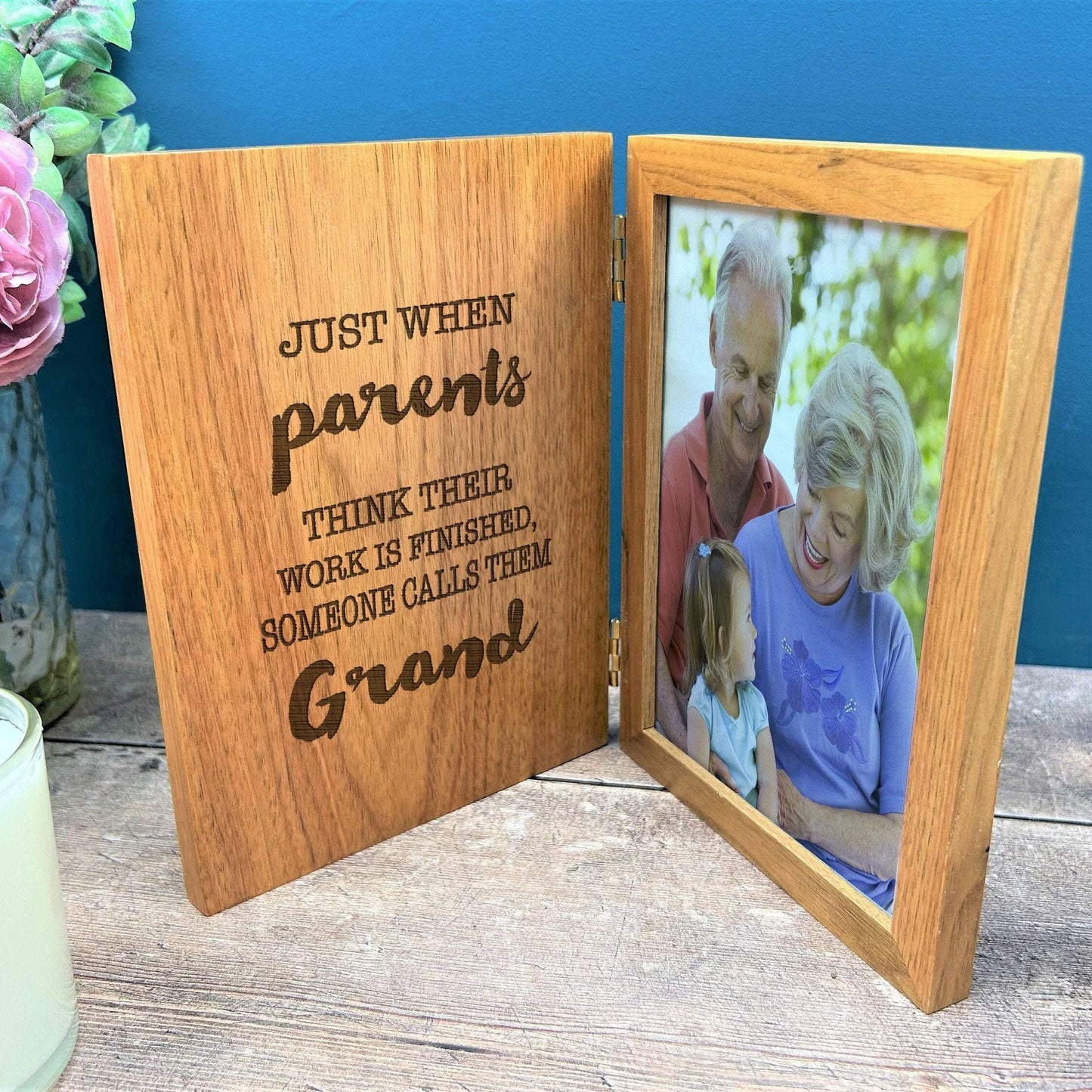 Parents to Grandparents Quote Personalised Oak Photo Frame Gift - Baby Announcement