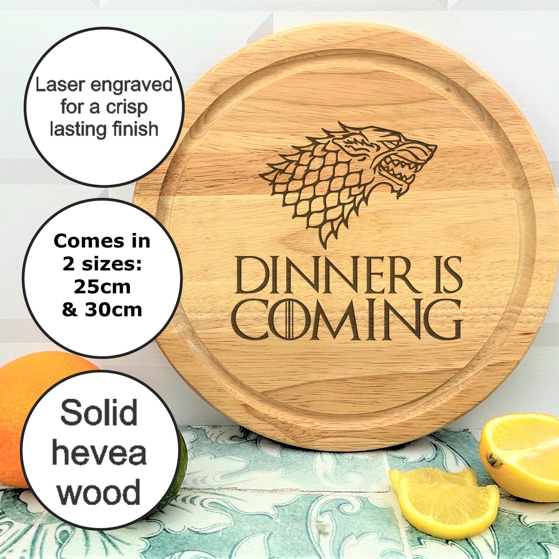 a game of thrones dinner is coming sign next to sliced lemons