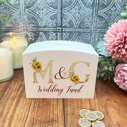 Sunflower Monogram Couples Wedding Fund - Personalised Wooden Money Box - Engagement Gift