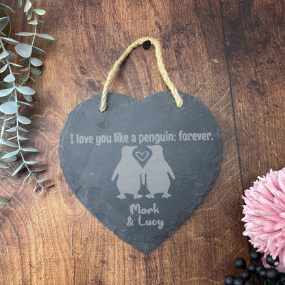 Love You Like A Penguin Slate Valentine's Heart - Personalised Gift - Anniversary - Engagement - Birthday