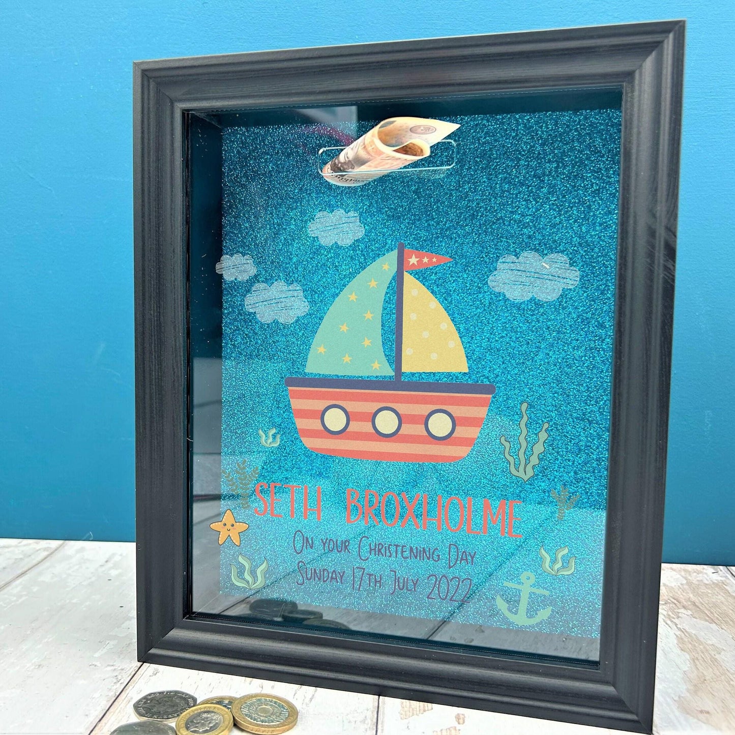Sailboat Money Savings Box Personalised New Baby Christening Gift