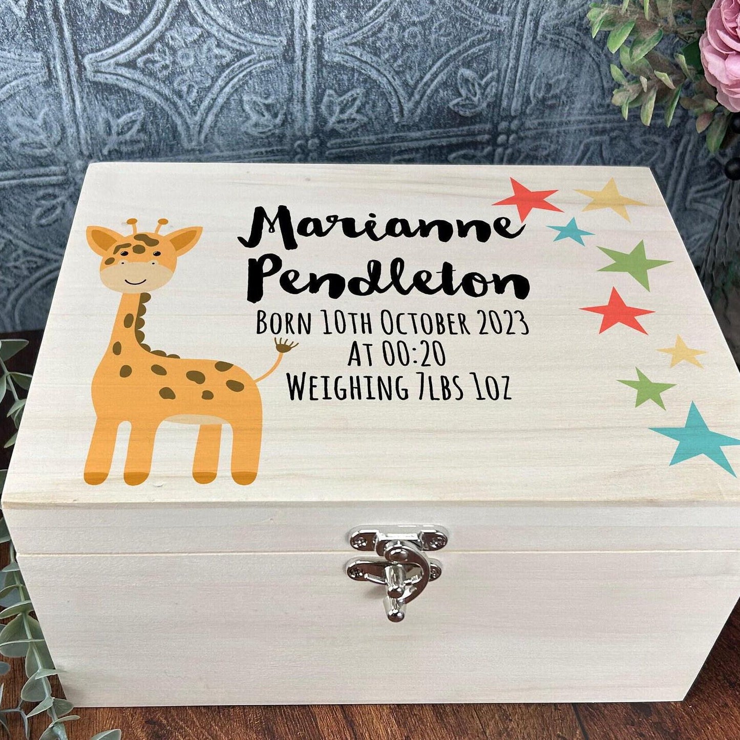 Giraffe Stars Christening New Baby Personalised Wooden Memory Box Gift