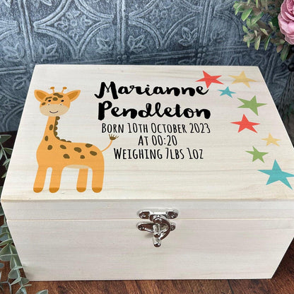 Giraffe Stars Christening New Baby Personalised Wooden Memory Box Gift