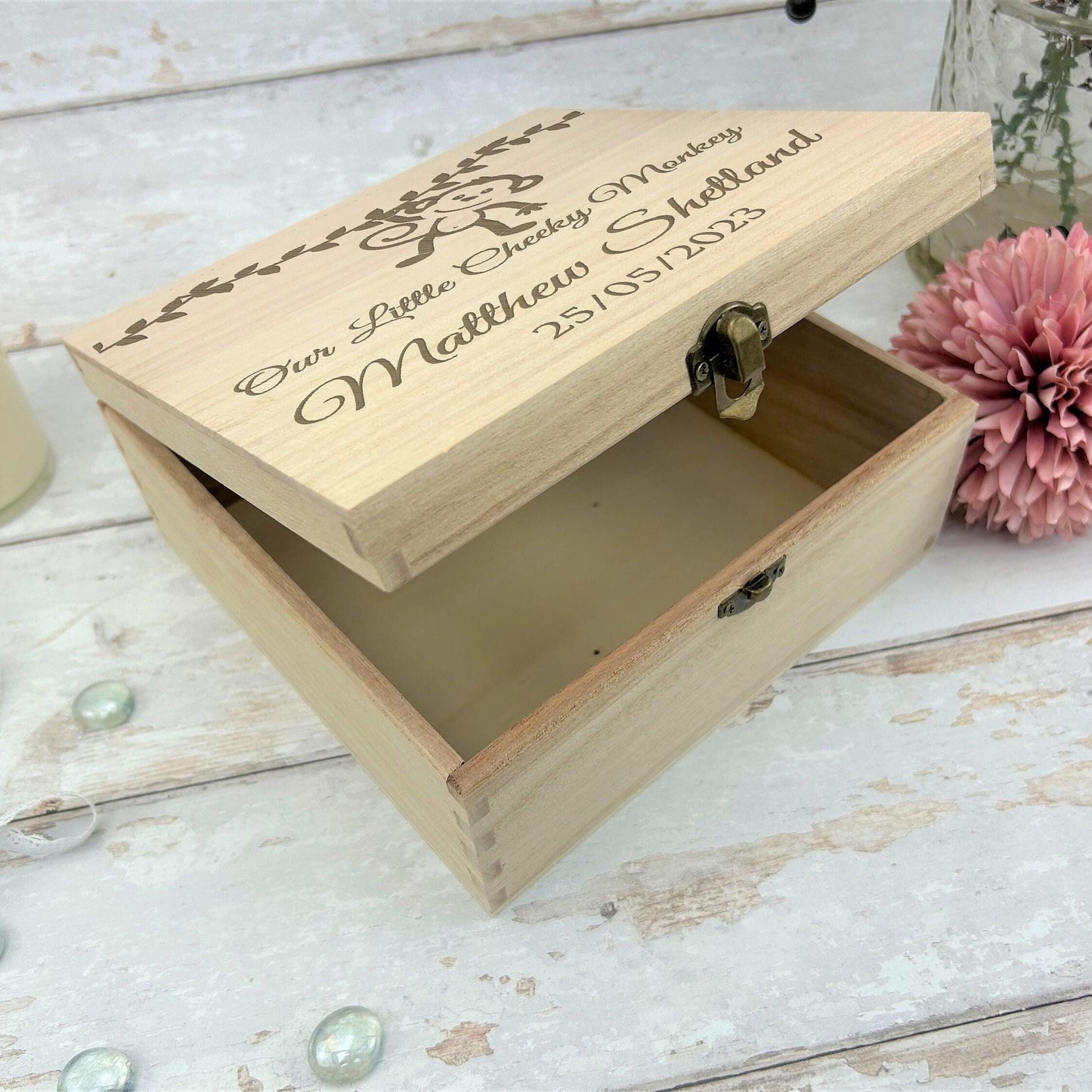 Cheeky Monkey Wooden Personalised Memory Keepsake Box - Christening / New Baby Gift