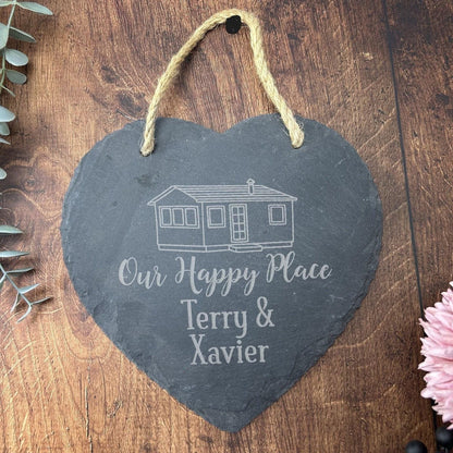 Our Happy Place - Holiday Home Sign - Beach Caravan House - Personalised Slate Heart Plaque Gift