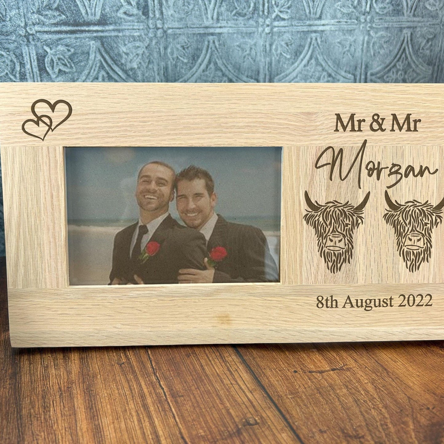 Mr & Mr Highland Cow Design Personalised Oak Photo Frame - LGBTQ Wedding Gift
