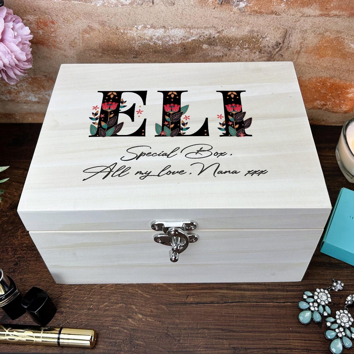 Black Floral Letters Folk Art Style Personalised Wooden Memory Box