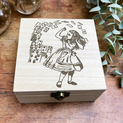 Alice in Wonderland Illustration Engraved Wooden Box - Trinket Jewellery Box - Christmas Birthday Gift