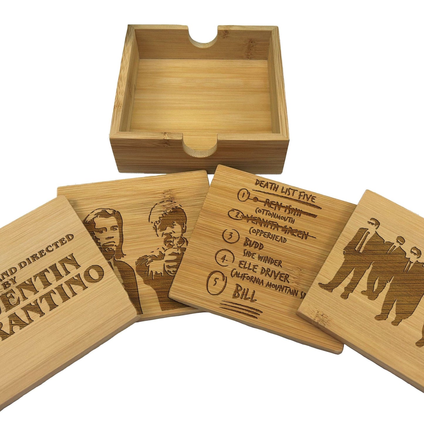 Quentin Tarantino Directed Movies Engraved Bamboo Coaster Set New Home Décor House Warming Gift Pulp Fiction Reservoir Dogs Kill Bill
