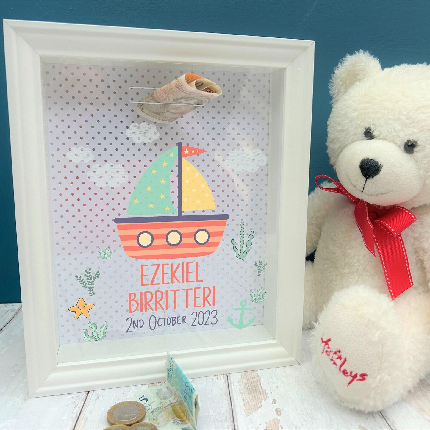 Sailboat Money Savings Box Personalised New Baby Christening Gift