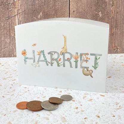 Watercolour Animal Theme Wooden Money Box - Personalised - Children's Saving - New Baby / Christening Gift