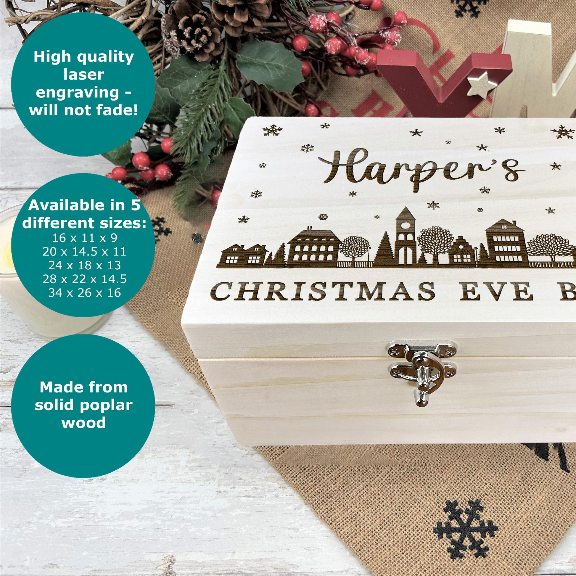 a wooden box with a christmas eve box on it