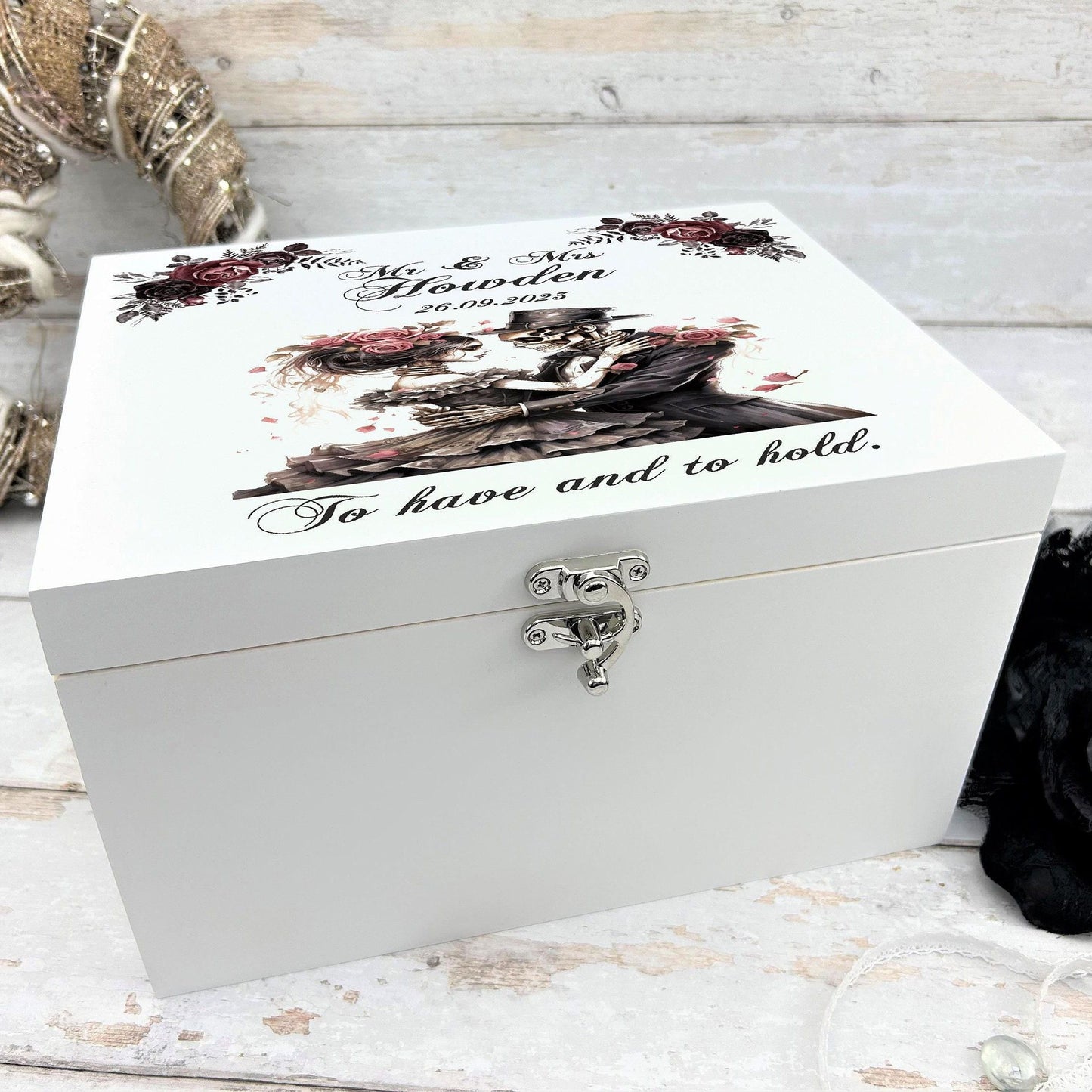 Personalised  Skull Couple White Memory / Keepsake Box - Wedding Anniversary Gift - Gothic Couple