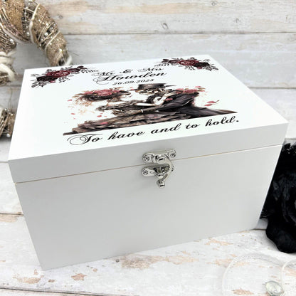 Personalised  Skull Couple White Memory / Keepsake Box - Wedding Anniversary Gift - Gothic Couple