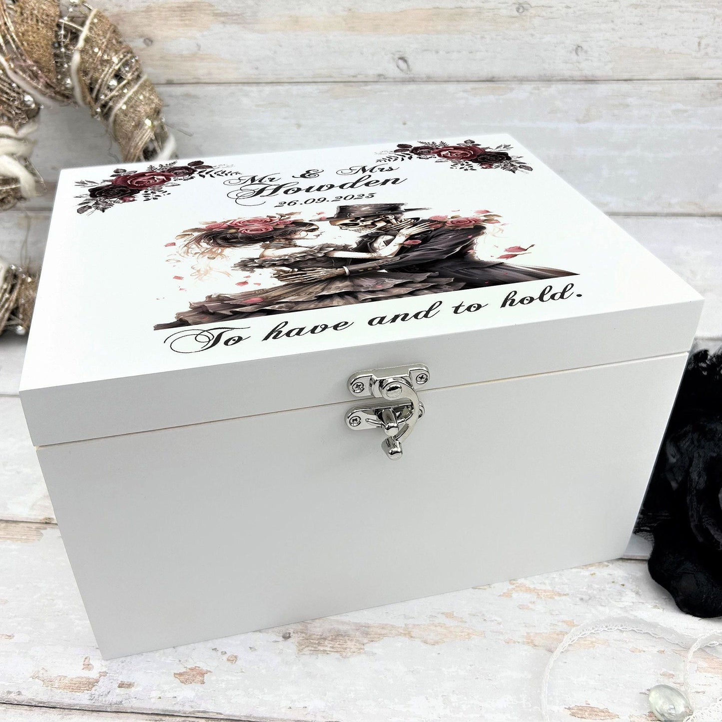 Personalised  Skull Couple White Memory / Keepsake Box - Wedding Anniversary Gift - Gothic Couple
