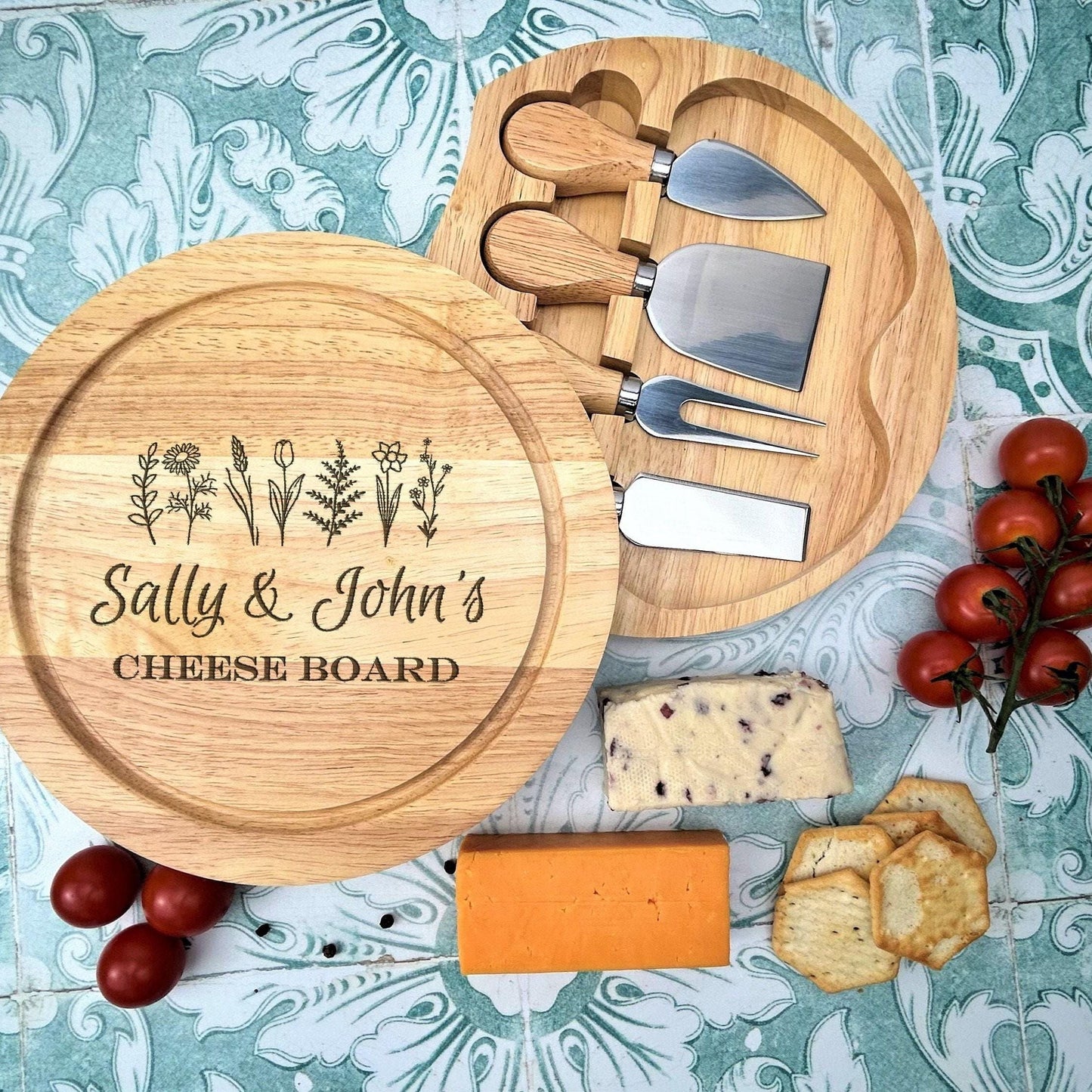 Flowers Design Cheese Board Set - Wooden Engraved Personalised Charcuterie Gift