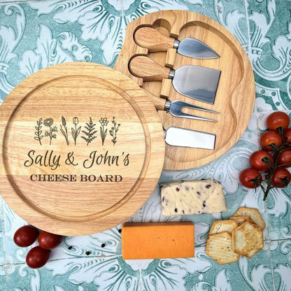 Flowers Design Cheese Board Set - Wooden Engraved Personalised Charcuterie Gift