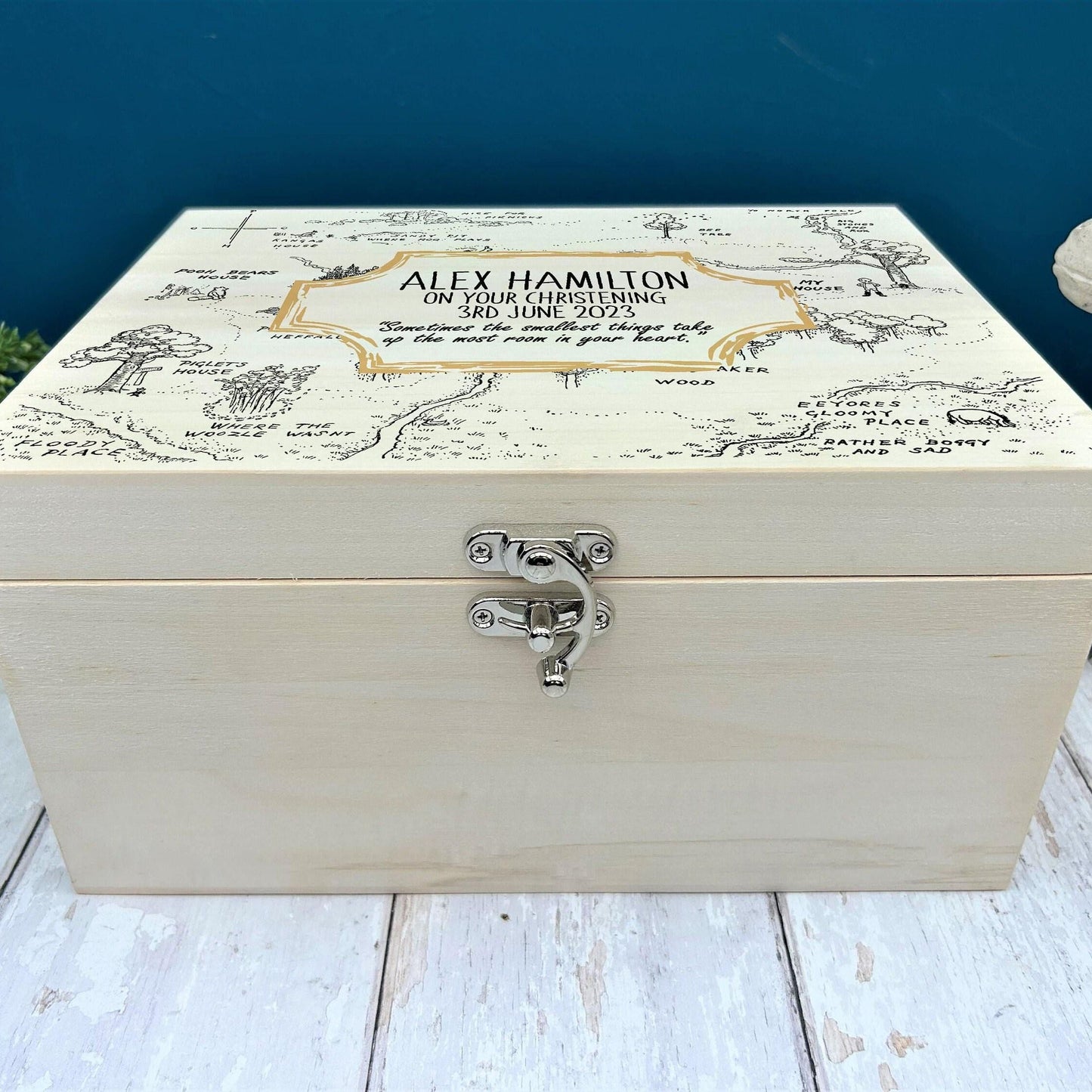 Pooh Bear Wood Map Christening New Baby Personalised Wooden Memory Box Gift
