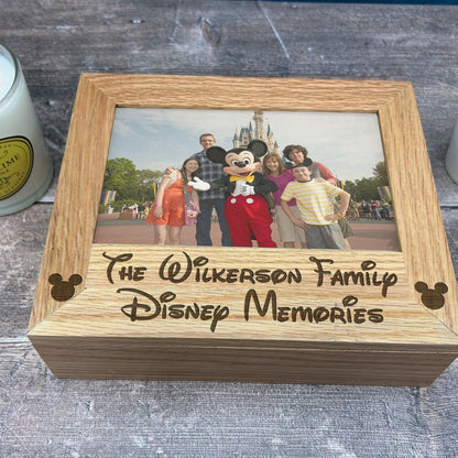 Disney Memories - Disneyland Disneyworld - Personalised Memory Box - Photos 6x4 7x5 Holder - Solid Oak
