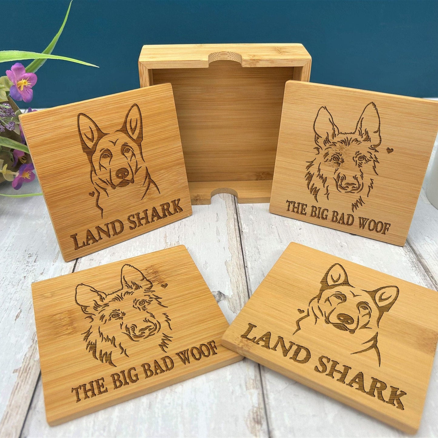 German Shepherd Dog Engraved Bamboo Coaster Set New Home Décor House Warming Gift Christmas Gift Birthday Present
