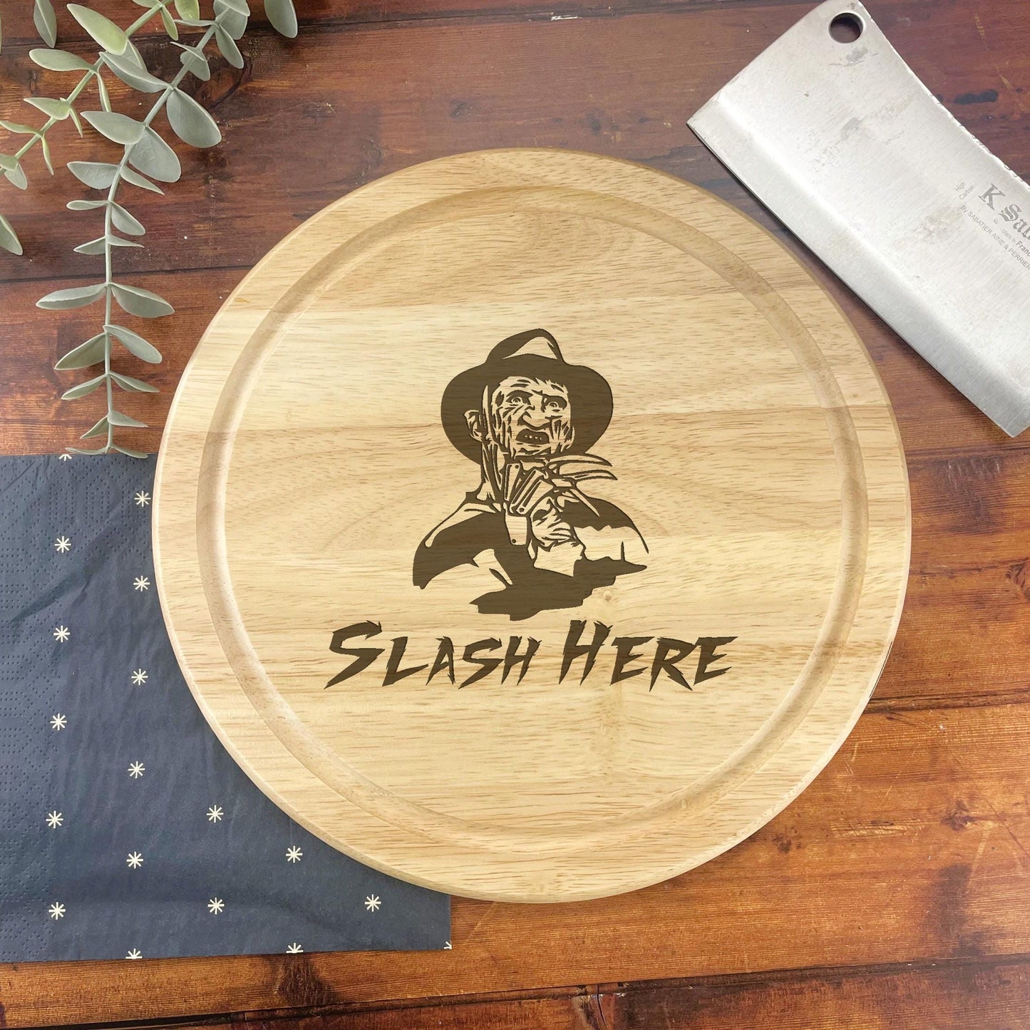 a cutting board with a picture of a man on it